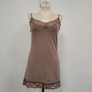Vintage Y2K Deb Lace Trim Tank Top Size XL Long Fitted V Neck Brown Elena Boho